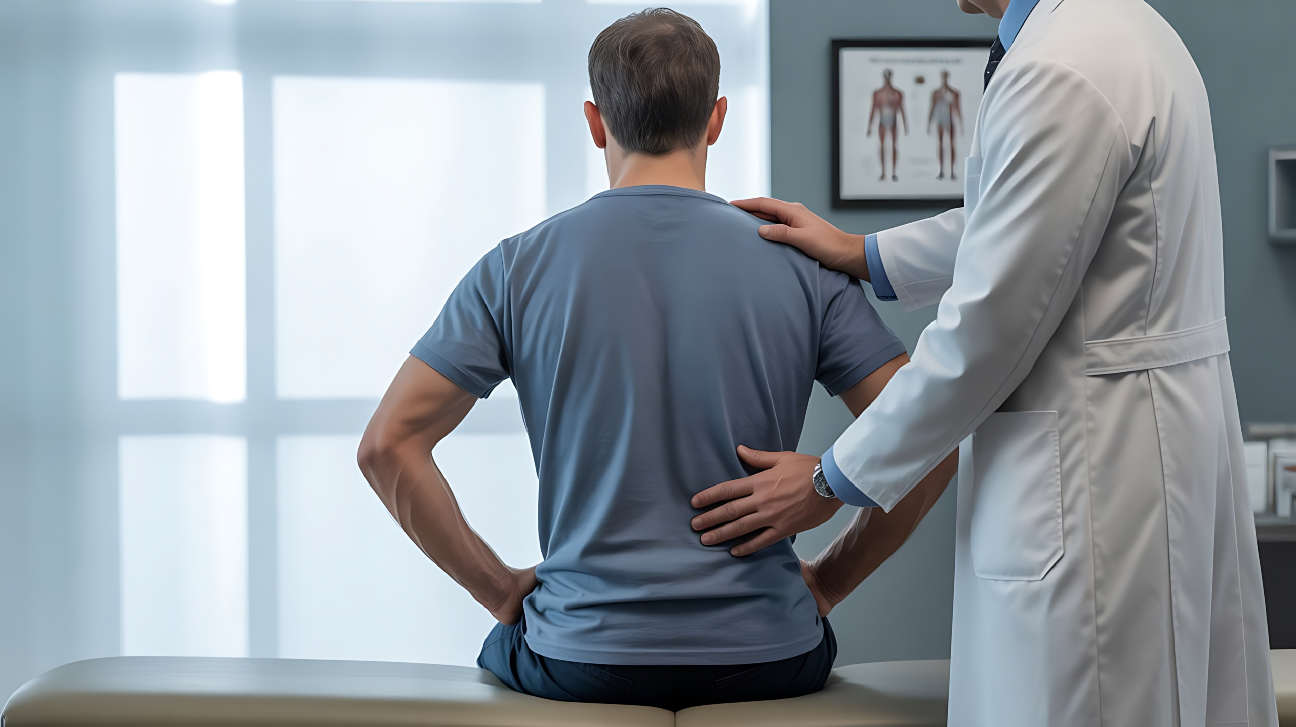 AdobeStock_1632990245 Doctor examining a patient's lower back for sciatica and disc pain